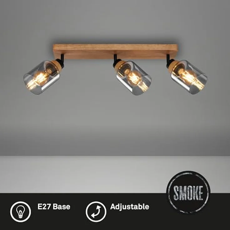 BRILONER Deckenlampe Rauchglas Schwarz-Holz, Schwenkbar, für Wohnzimmer, Schlafzimmer, Küche – Bild 2