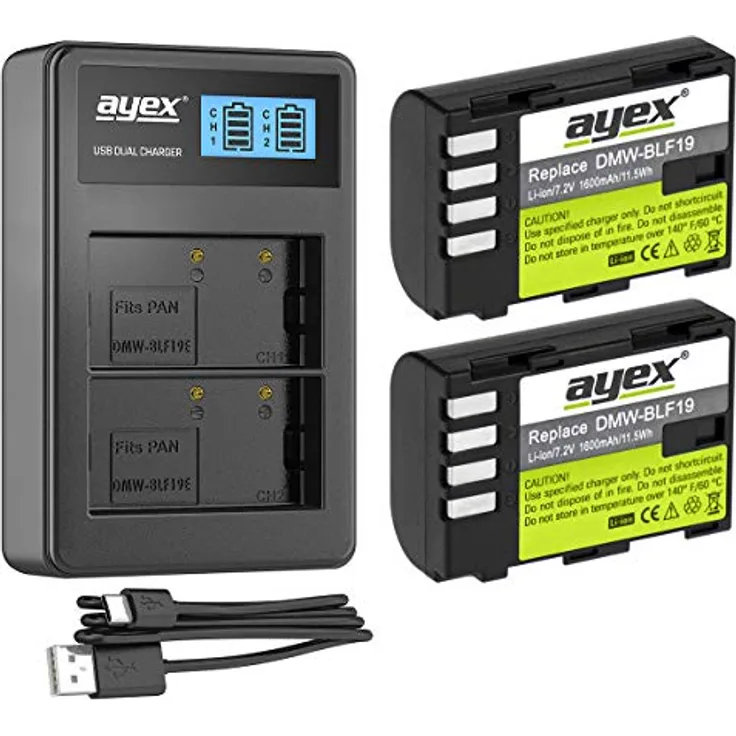 Power-Paket mit 2 x ayex DMW-BLF19E Akku + USB Dual-Ladegerät Passend für Panasonic Lumix DC-G9, DC-GH5, DC-GH5S, DMC-GH3, DMC-GH4 - Aktions-Paket zum Vorteilspreis 100% kompatibel
