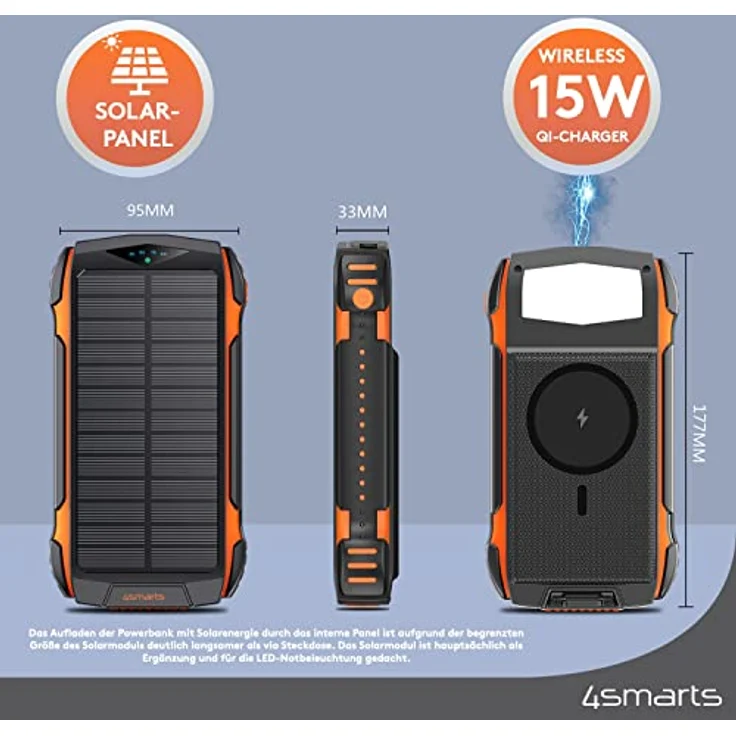 4smarts Powerbank 20000mah [Schwarz Orange] - Solar Powerbank mit Schnellladefunktion für mehrere Geräte gleichzeitig - Wireless Powerbank mit MagSafe & LED Lampe als Travel Essentials - Power Bank – Bild 2