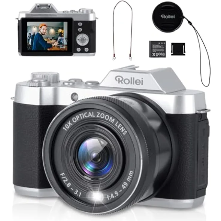 Rollei Powerflex 10x Retro Digitalkamera, 64MP 4K Fotokamera mit Akku & 10X Digitalzoom, Tragbar Kompaktkamera Vintage, Digital-Kamera-Fotoapparat-Camera, Blau