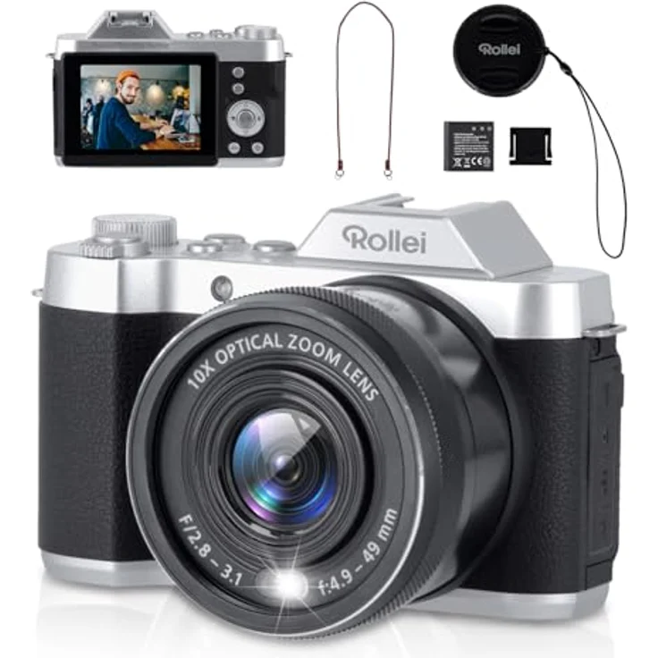 Rollei Powerflex 10x Retro Digitalkamera, 64MP 4K Fotokamera mit Akku & 10X Digitalzoom, Tragbar Kompaktkamera Vintage, Digital-Kamera-Fotoapparat-Camera, Blau – Bild 1