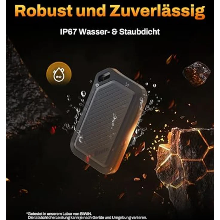 BIWIN Amber PR2000 Externe SSD 512GB, USB 3.2 Gen2x2, bis zu 2000 MB/s, IP67 wasserdicht, Portable NVMe mit USB-C & USB-A Adapter, Schwarz – Bild 3