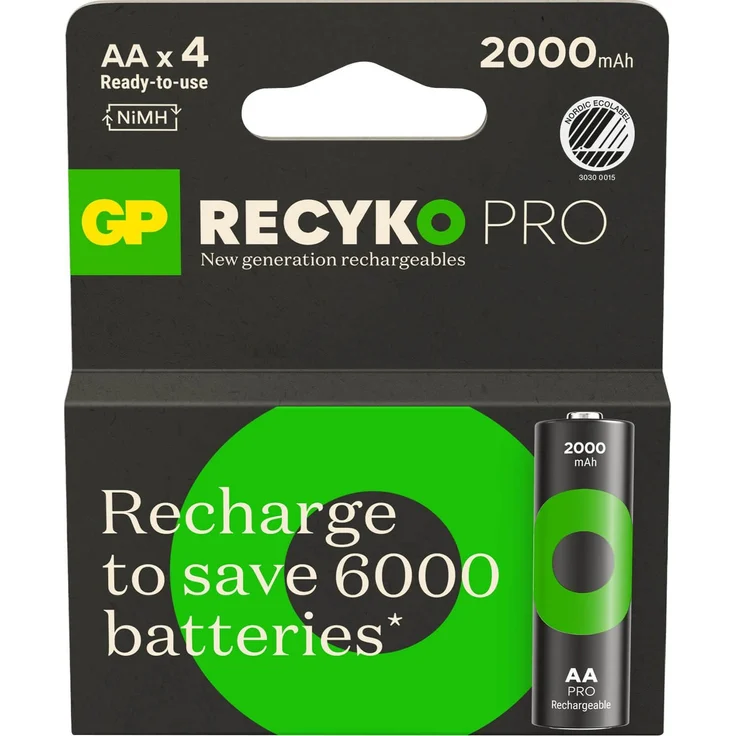 GP Recyko Pro NiMH-Akku AA HR6, 2000 mAh, 4er-Pack mit geringem Selbstentladevermögen und 1500 Ladungen