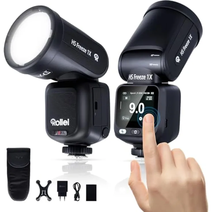 Rollei HS Freeze 1X, Aufsteckblitz mit 100W Leistung, Leitzahl 60, HD-Touchdisplay, 480 Auslösungen pro Ladung, kompatibel mit Canon, Nikon, Fuji, Panasonic und Olympus