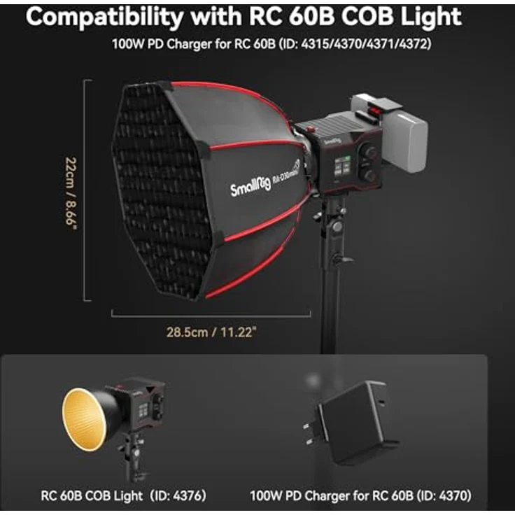SMALLRIG Mini Softbox 29 cm, Schnellverschluss Parabol Softbox für RC 60B COB LED-Videoleuchte, inkl. Wabenraster und Tragetasche – Bild 2