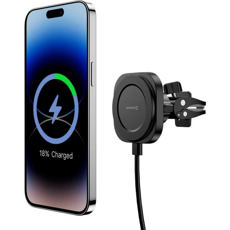 Swissten Magstick Compact, Magnetische Smartphone Halterung mit Wireless Charger 15W/7,5W (MagSafe-kompatibel), abnehmbares Kabel, Lüftungsgitter befestigt