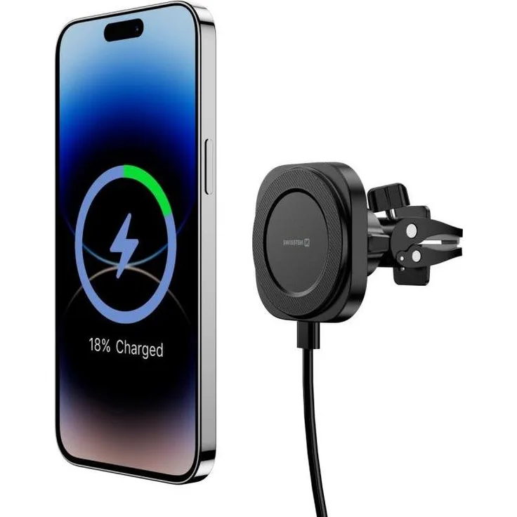 Swissten Magstick Compact, Magnetische Smartphone Halterung mit Wireless Charger 15W/7,5W (MagSafe-kompatibel), abnehmbares Kabel, Lüftungsgitter befestigt