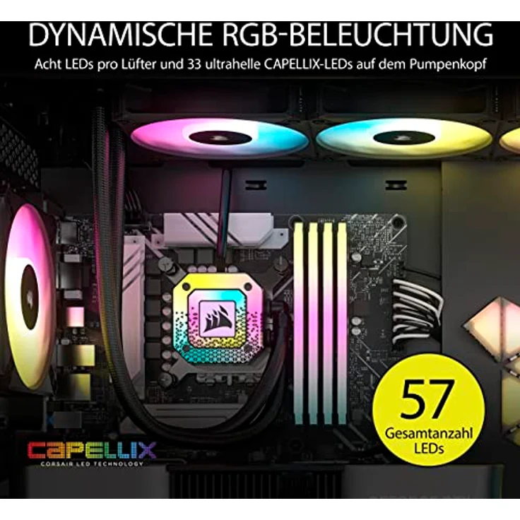 Corsair iCUE H150i ELITE CAPELLIX XT Liquid CPU Cooler - Drei AF120 RGB ELITE Lüfter - 360mm Radiator - Intel LGA 1700, 1200, 115X, 2066, AMD AM5, AM4 - Inklusive iCUE COMMANDER CORE - Schwarz – Bild 4