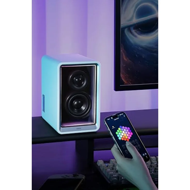 EDIFIER QR65 Aktive Design-Monitorlautsprecher (70 Watt) mit RGB-Lichteffekten, 3X USB TurboGaN-Schnellladeports und Subwoofer-Ausgang, weiß – Bild 4
