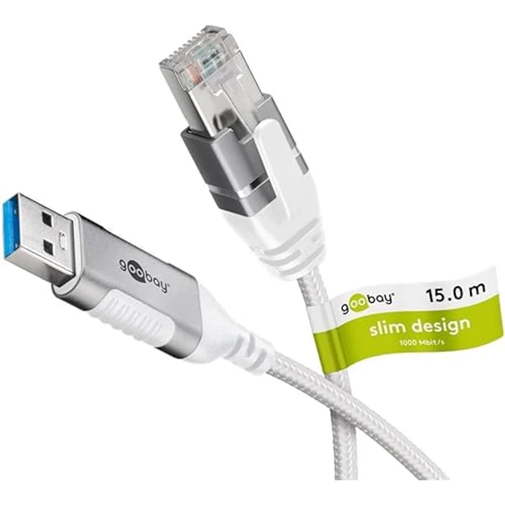 Goobay Ethernet-Kabel USB-A 3.0 auf RJ45 Slim, 15 m, hohe Übertragungsrate bis 1 Gbit/s, weiß – Bild 1