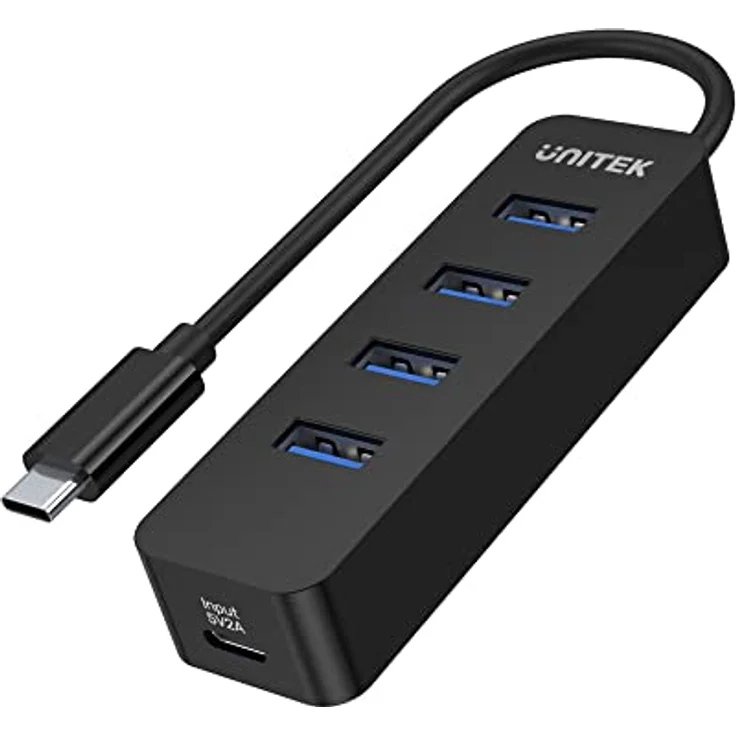 UNITEK Active Hub 10W mit integriertem 15cm Kabel mit USB-C Plug Ports 4xUSB-3.1 und 1xUSB-C 5V2A Sofortige Datenübertragung von bis zu 5 Gbps und sicheres Aufladen Plug and Play – Bild 1
