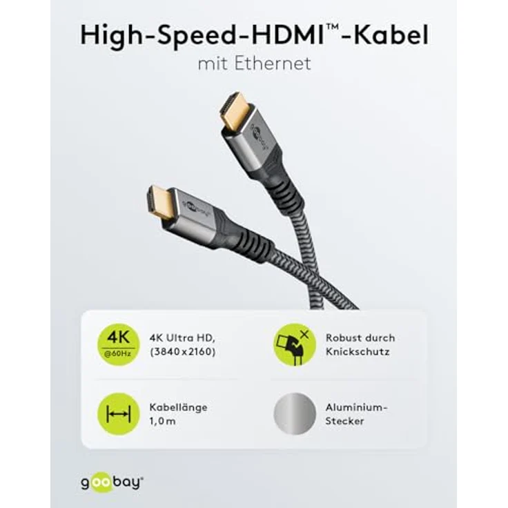 Goobay 51818 HDMI High Speed Kabel mit Ethernet, 4K, Ultra-HD, Full-HD, 3D, HDMI-Stecker > HDMI-Stecker, abwärtskompatibel, vergoldete Stecker, 1 m – Bild 2