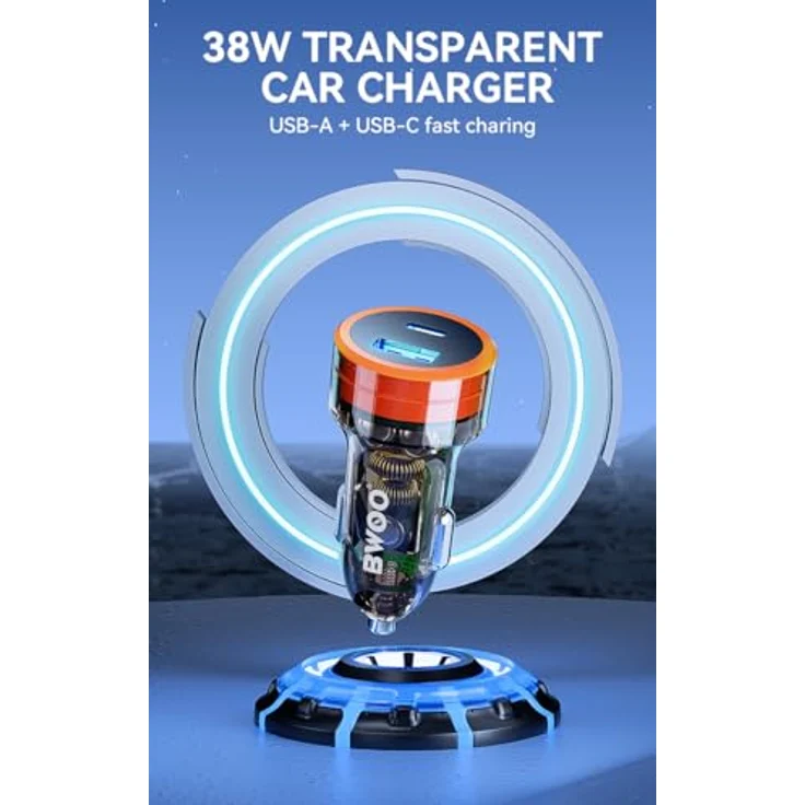 Bwoo 38W Auto Ladegerät, USB-C + USB-A mit Schnellladung und transparentem Design, kompakt – Bild 5