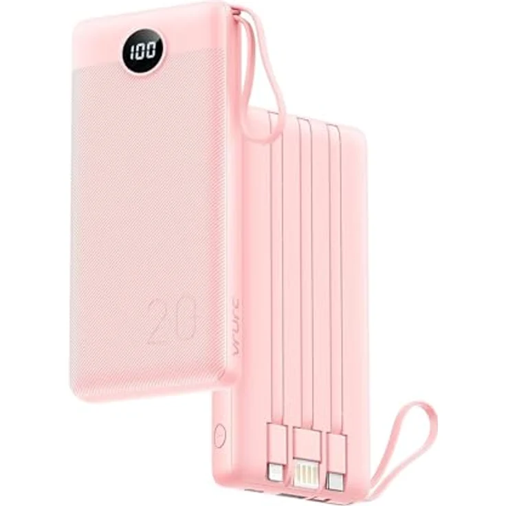 VRURC Powerbank 20000mAh, 22.5W Schnellladung, tragbares Ladegerät mit 4 Kabeln und LED Display, rosa – Bild 1