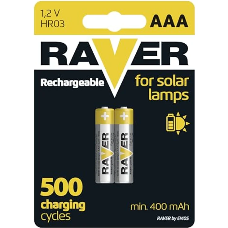 EMOS Raver - Solar AAA Micro Akkus, aufladbare Batterien für Solarlampen, NiMH, 1,2V, HR03, 400 mAh, -20 °C bis +50 °C, min. 500 Ladezyklen, 2er Pack – Bild 1