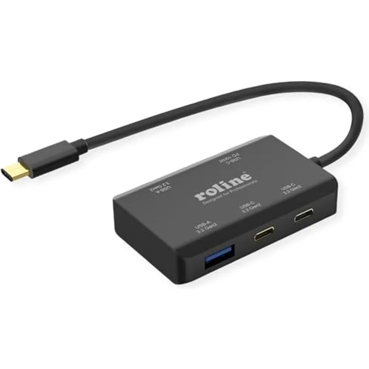 ROLINE USB 3.2 Gen 2 Hub, 4fach (2X USB-A + 2X USB-C), PD, Typ C Anschlusskabel, Schwarz