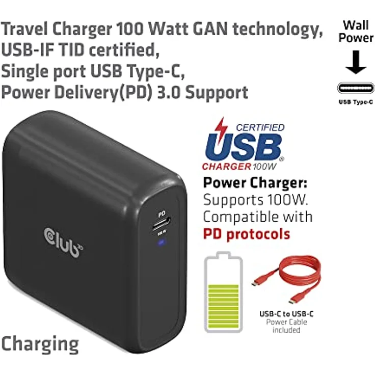 Club 3D CAC-1908EU Reiseladegerät 100 Watt GAN-Technologie, USB-IF TID-Zertifiziert, Einzelanschluss USB Typ-C, PD 3.0-Unterstützung – Bild 3