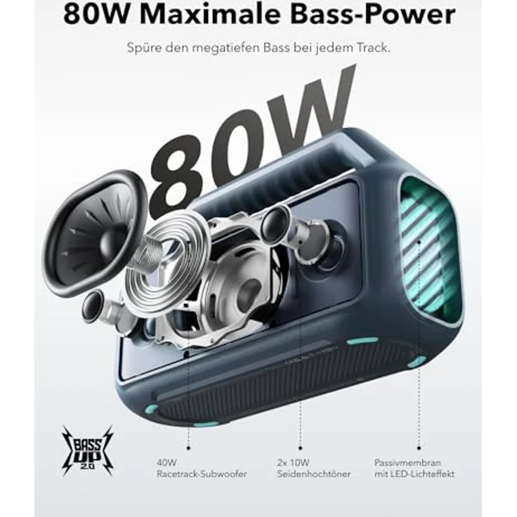 soundcore by Anker, Boom 2 Outdoor-Lautsprecher, 80W, Subwoofer, BassUp 2.0, 24h Akku, IPX7 Wasserdicht & Schwimmt, LED-Licht, USB-C, EQ, BT 5.3, Mobiler Bluetooth-Speaker, Camping, Strand, Garten, Blau – Bild 2