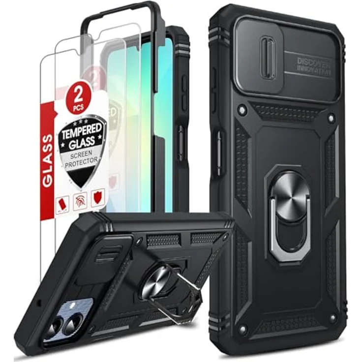 LeYi Handyhülle für Samsung Galaxy A06, Hybrid Metall Ring Ständer Case mit 2 Hartglas Schutzfolien, Kameraschutz und Schiebeabdeckung, schwarz – Bild 1