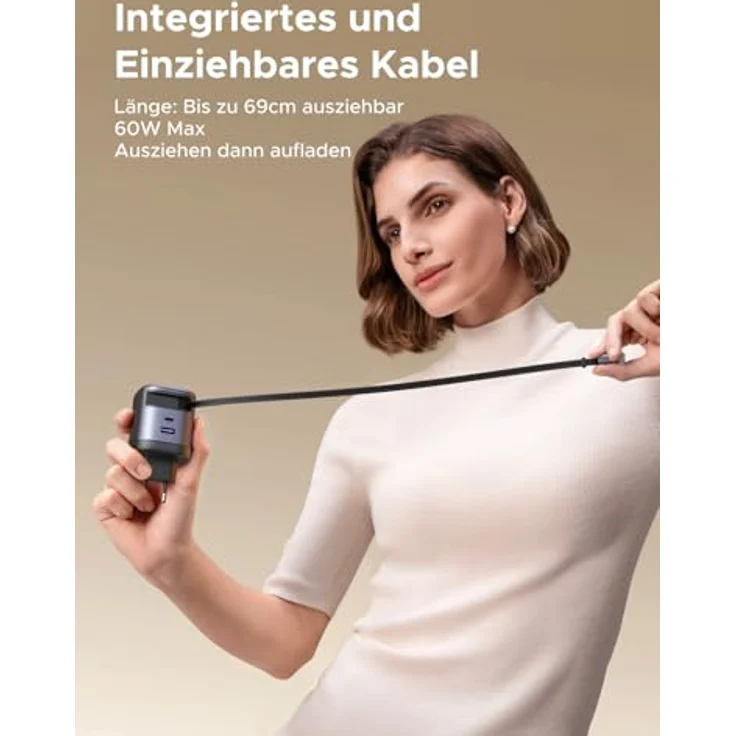 UGREEN Nexode 65W GaN USB-C Einziehbares Ladegerät, 3-Port Schnellladegerät mit 0,7 m Ladekabel, PPS kompatibel mit MacBook Pro/Air, iPhone 16-8 Serie, Galaxy S-A Serie, iPads – Bild 3
