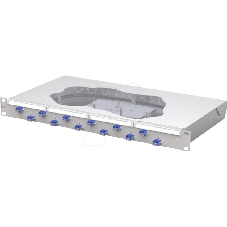 Metz Connect OpDAT fix2 Patchfeld splice 12xLC-D, 1 HE 19 Zoll Lichtgrau mit 12xLC Kupplungen und 24xLC OS2 Pigtails