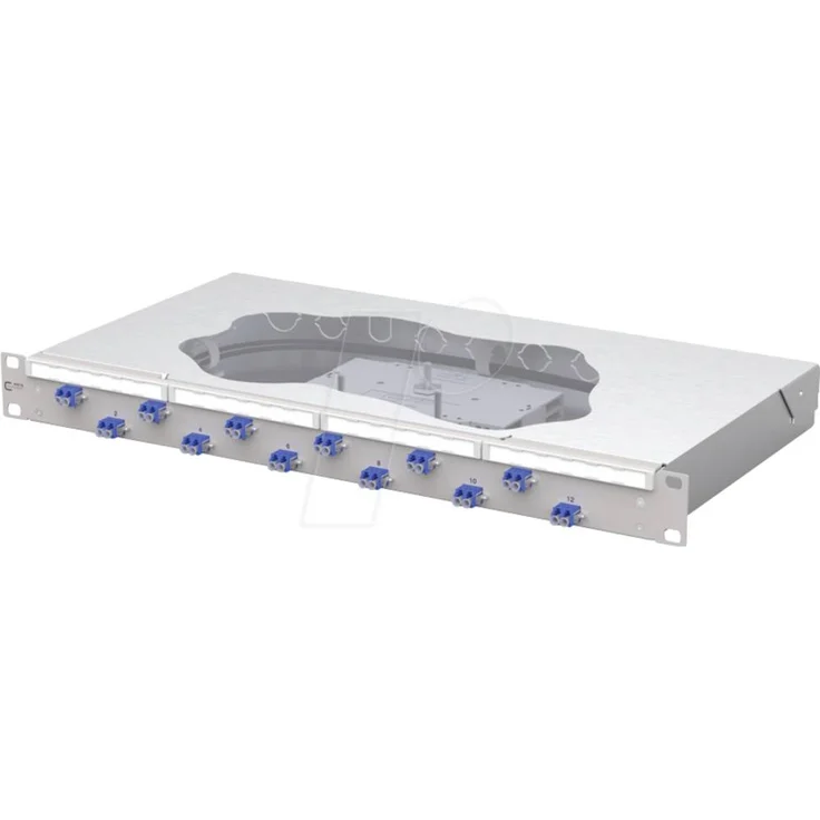 Metz Connect OpDAT fix2 Patchfeld splice 12xLC-D, 1 HE 19 Zoll Lichtgrau mit 12xLC Kupplungen und 24xLC OS2 Pigtails