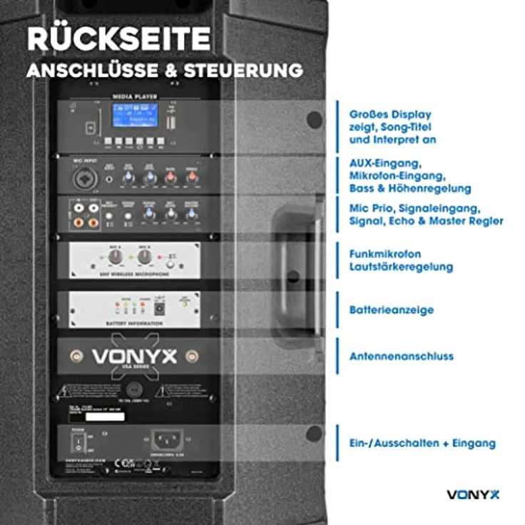 Vonyx VSA500 Tragbares Akku PA-System mit 800 W Leistung, Bluetooth 5.0, 2 UHF-Mikrofonen und 8 Stunden Akkulaufzeit – Bild 5
