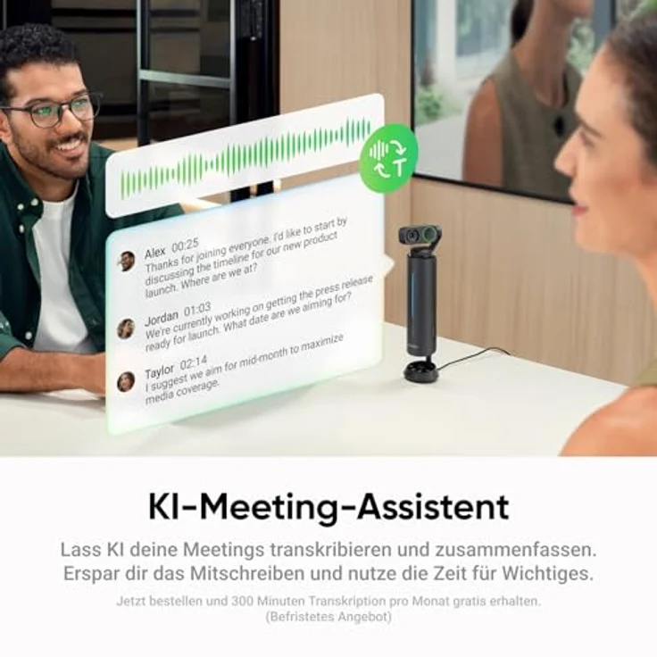Insta360 Wave Graphitschwarz, KI-Freisprecheinrichtung mit 8 Noise-Cancelling-Mikrofonen, Bluetooth, KI-Transkription in 99 Sprachen, 32 GB Speicher, Meeting-Assistent – Bild 5
