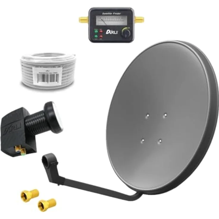 ARLI 60 cm HD Satellitenanlage, Twin LNB mit 10 m Koaxialkabel 135 dB, Satfinder und 2 F-Steckern, grau, für 2 Teilnehmer, UHD 4K – Bild 1