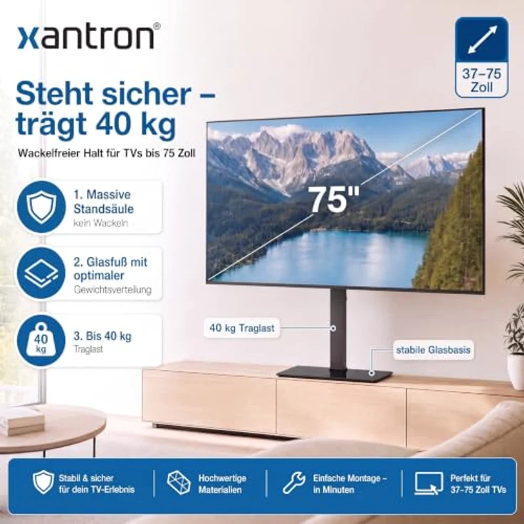 Xantron PREMIUM-TVS02, höhenverstellbarer TV Standfuß 37–75 Zoll, schwenkbar, für optimale Ergonomie – Bild 2