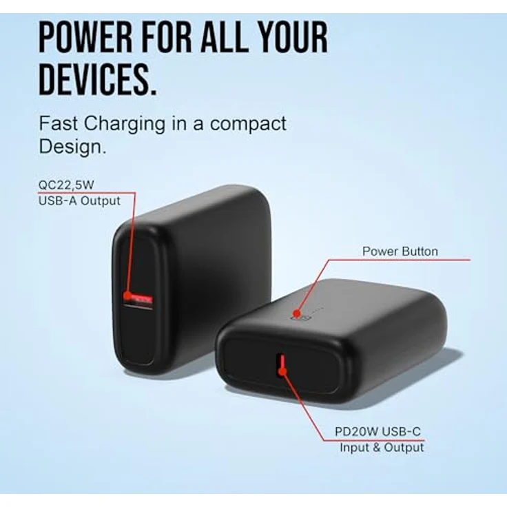 UMBRELLA Powerbank USB-C Mini [9000mAh] Schwarz - Fast Charging, PD20 W, Type-C Eingang & Ausgang, USB-Eingang, LED Batterieanzeige – Bild 4