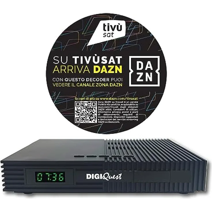 Digiquest Tivùsat Ti9 DVB-S2 Decoder mit Fernbedienung 2 in 1, schwarz, inklusive Tivusat-Karte, Aufnahmefunktion zuschaltbar - DAZN Zone Kanal-fähiges Gerät