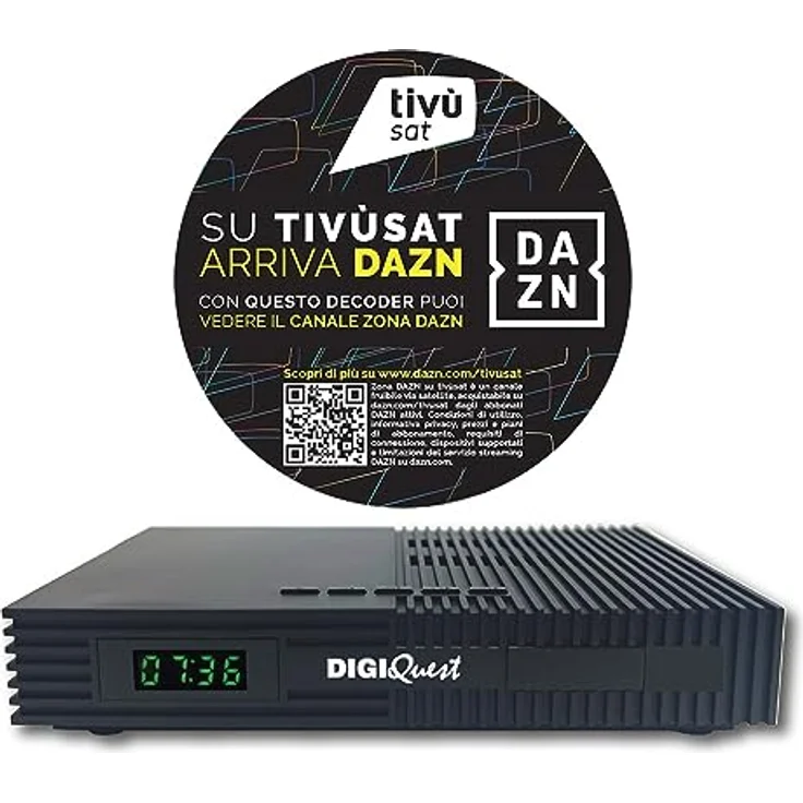 Digiquest Tivùsat Ti9 DVB-S2 Decoder mit Fernbedienung 2 in 1, schwarz, inklusive Tivusat-Karte, Aufnahmefunktion zuschaltbar - DAZN Zone Kanal-fähiges Gerät – Bild 1