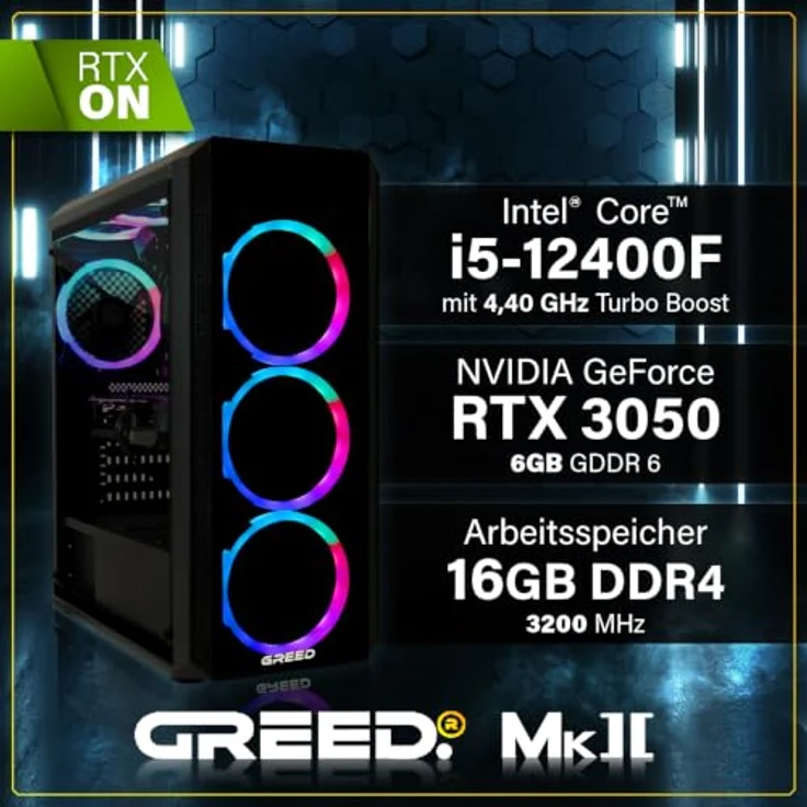 Greed® MK2 Basic - Entry Gaming PC mit Intel Core i5 12400F, Nvidia GeForce RTX 3050, 4K Raytracing, 16GB DDR4, 512GB SSD, RGB-Beleuchtung, WLAN – Bild 3