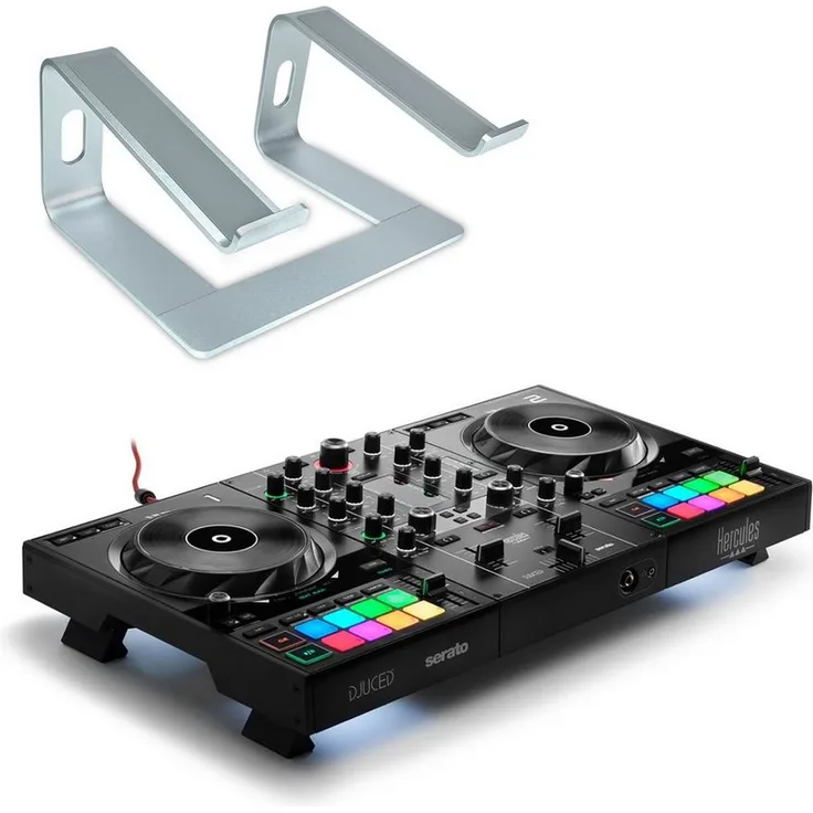 HERCULES DJ Control Inpulse 500, 2-Deck USB DJ Controller mit 2 großen Jog-Wheels, 16 RGB Pads und Ständer in Silber
