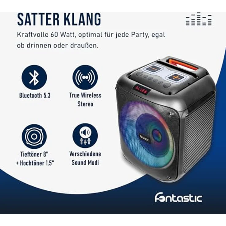 Fontastic Lizz Party-Lautsprecher Boxen Bluetooth, 60 W Soundbox, Karaoke Maschine mit Mikrofon, USB LED Leuchteffekten, Schwarz – Bild 3