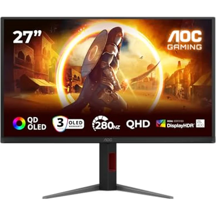 AOC Q27G4ZD 27 Zoll WQHD Monitor mit QD-OLED Panel, 280Hz, 0.03ms GtG, HDR400 TrueBlack, G-Sync Compatible, Höhenverstellung, Schwarz – Bild 2