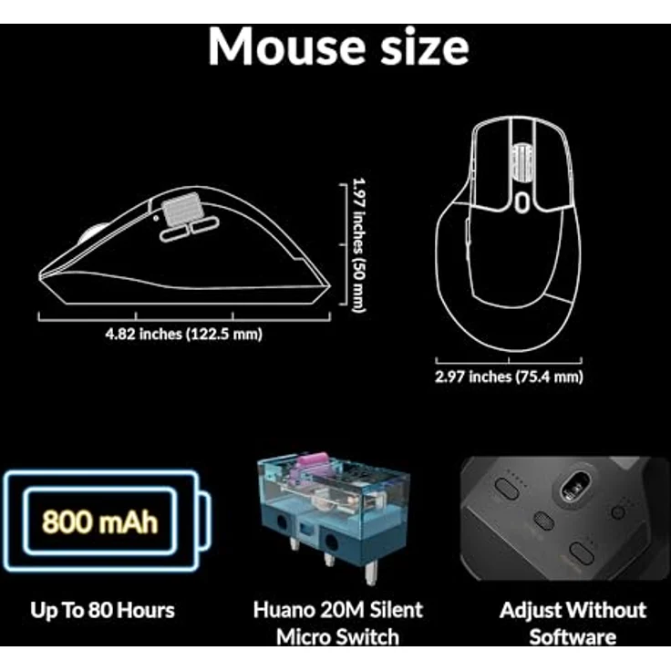 Keychron M6 Silent, Ergonomische drahtlose optische Maus mit 1000 DPI, leisen Klicks und programmierbaren Tasten, schwarz – Bild 8