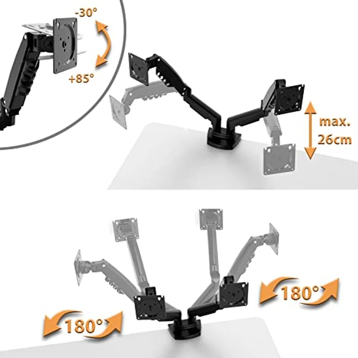 Poppstar Monitorhalterung für 2 Monitore 17 Zoll bis 27 Zoll, höhenverstellbar (360° schwenkbarer drehbarer neigbarer Monitor-Arm), schwarz – Bild 5