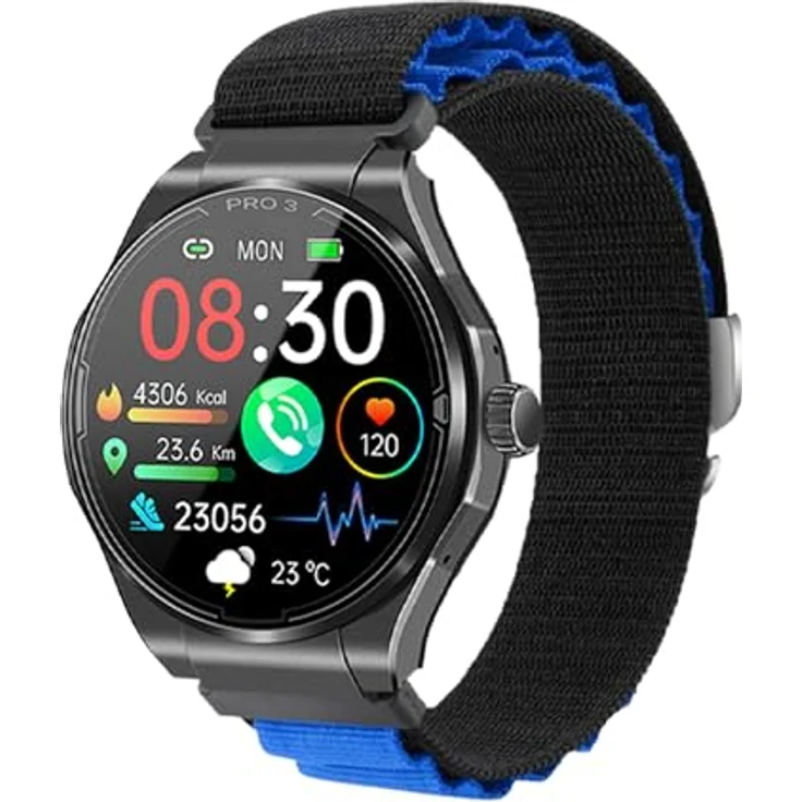 Knauermann PRO 3 (2024) Schwarz - Gesundheitsuhr Smartwatch mit Telefoniefunktion - EKG + HRV und SOS Funktion - AMOLED Display- BT Bluetooth - Schlafapnoe - Textilband Schwarz/Blau, 14-24, rund