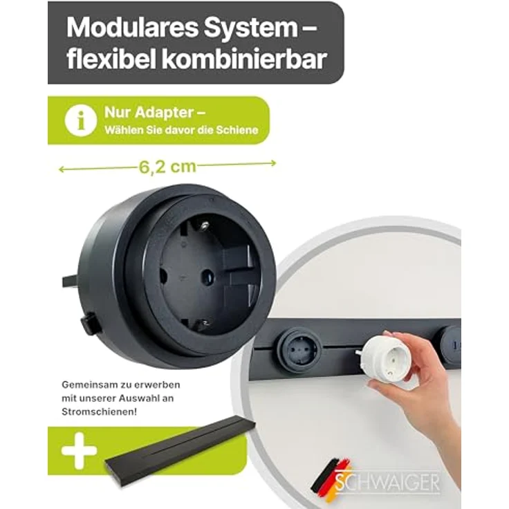 Schwaiger Steckdosenadapter für modulare Stromschiene, 6,2 cm, Schwarz, 3680 W Leistung mit Drehregler und VDE-Zertifizierung – Bild 2