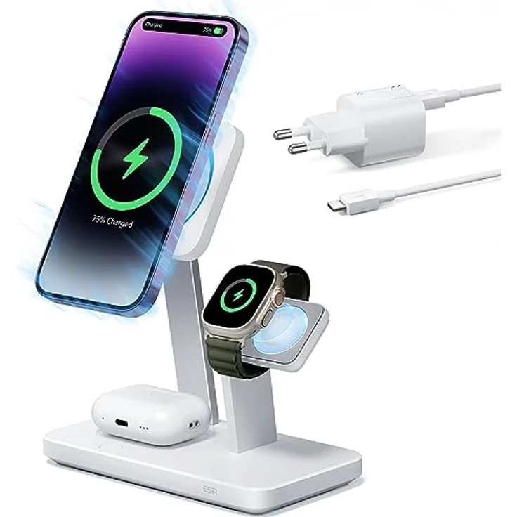 ESR 25W 3 in 1 Ladeständer für MagSafe, hergestellt für Apple-zertifiziertes magnetisches kabelloses Ladegerät, 15W Ladestation für MagSafe und iPhone 15/14/13/12, Apple Watch/AirPods Pro/3, Weiß – Bild 1