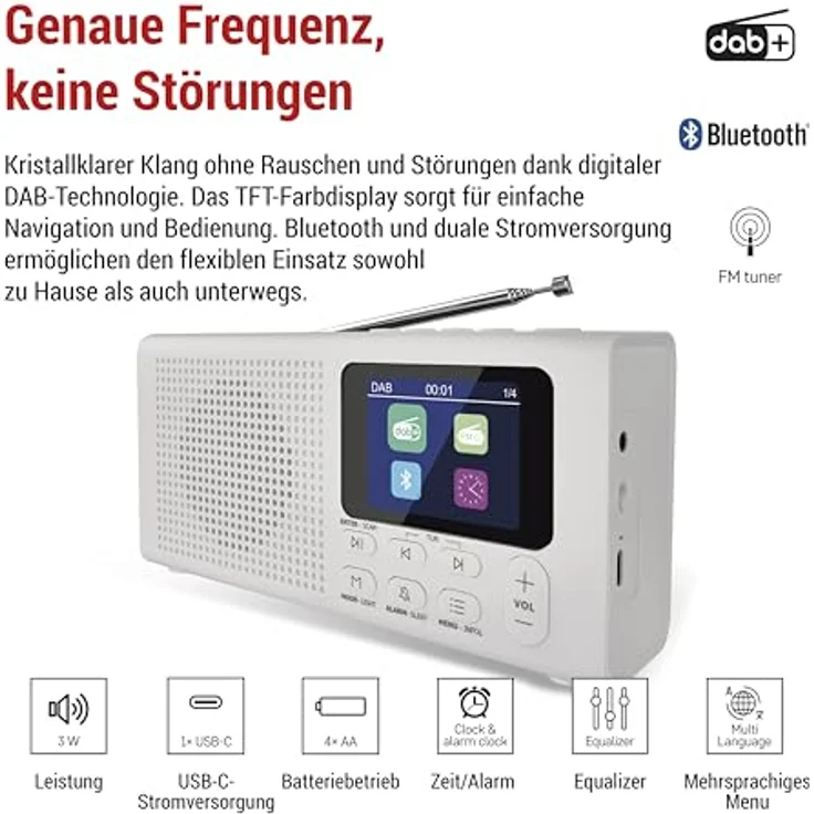 EMOS E0091 DAB+ Radio mit Bluetooth und Dual-Stromversorgung, tragbares Digitalradio mit Wecker, Sleeptimer, 40 Speicherplätzen und TFT LCD Farbdisplay, Weiß – Bild 2