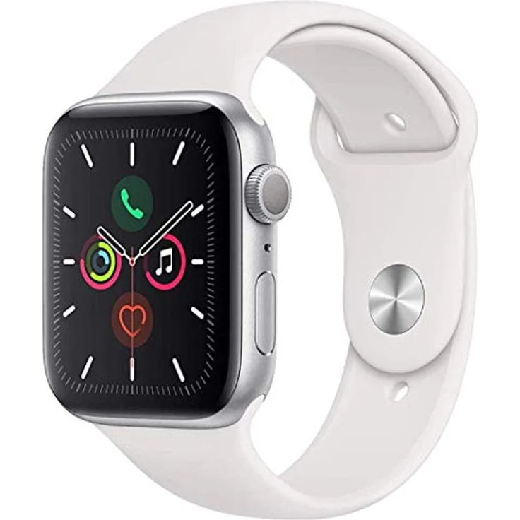 Apple Watch Series 5 44mm (GPS), Aluminiumgehäuse Silber, immer aktiver Retina-Display, wasserdicht bis 50 m, Sportarmband Weiß