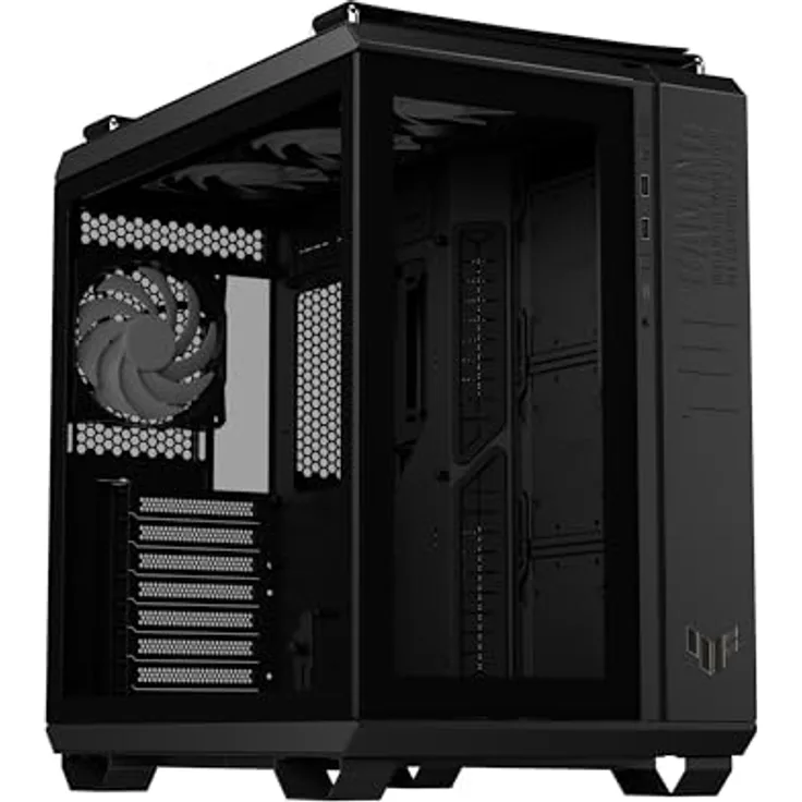 ASUS TUF Gaming GT502 Plus TG ARGB Black PC-Gehäuse für Gaming-PC, Mid ATX, Dual-Kamera, werkzeuglose Seitenplatten, USB 3.2 Gen2 Typ-C, 4 vorinstallierte ARGB-Lüfter, Schwarz