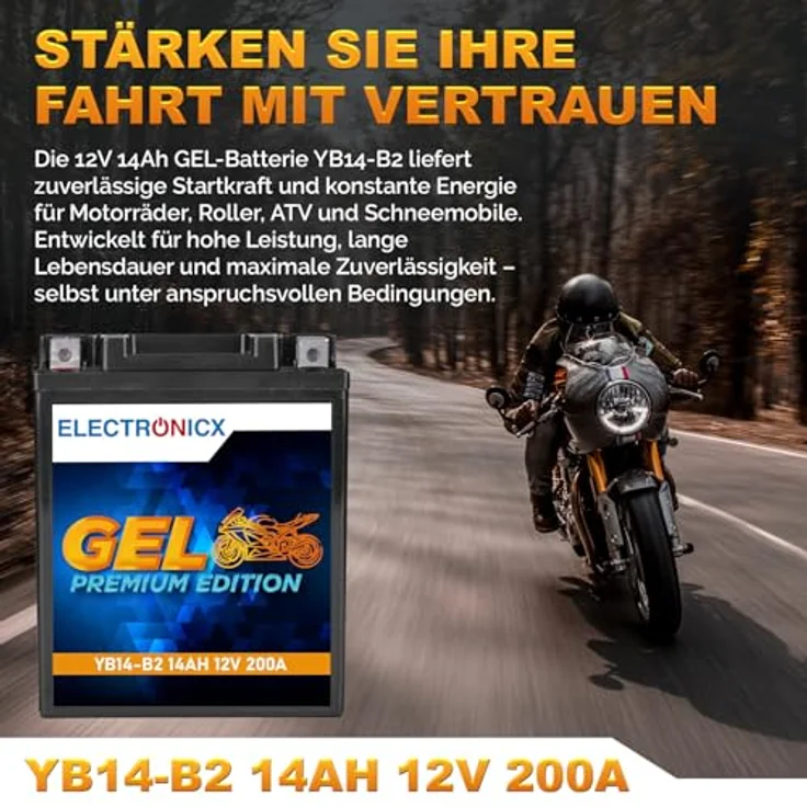Electronicx Extreme Edition GEL-YB14-B2, 14Ah 12V GEL Batterie - wartungsfrei, vibrationsfest, auslaufsicher für Motorrad, Roller, Quad und ATV – Bild 2