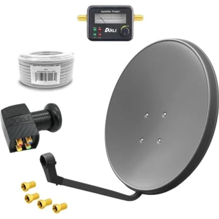 ARLI 60 cm HD Sat Anlage, grau, Quad LNB, 10m Kabel, Satfinder, 4x vergoldete F-Stecker – Bild 1