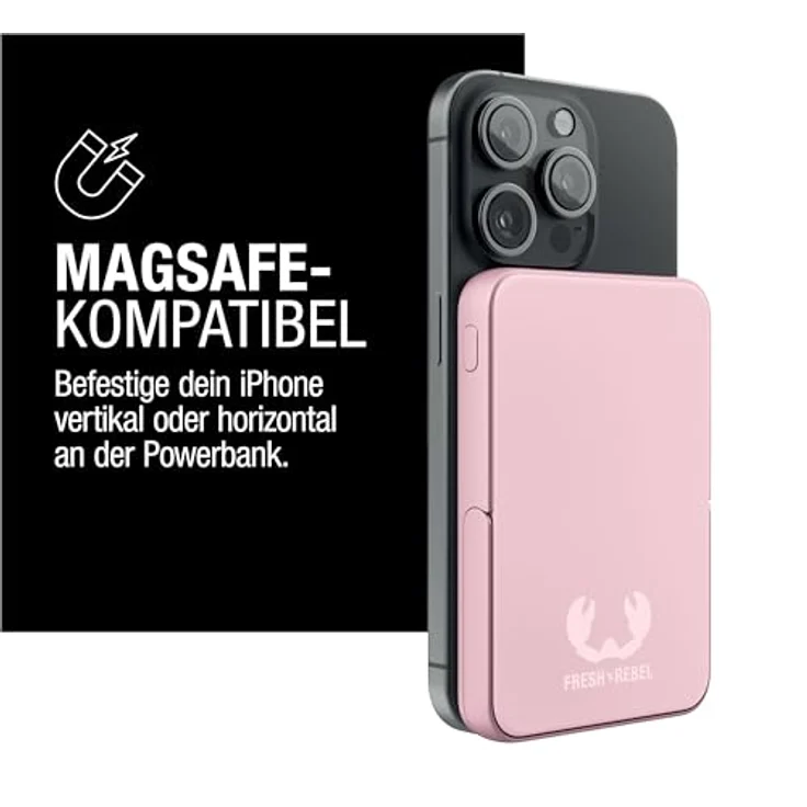 Fresh 'n Rebel Wireless Magnetic Powerbank 5000mAh, MagSafe-kompatibel, PD 20W Schnellladung, USB-C Port (in/Out), tragbar, mit Ständer (Pastel Pink) – Bild 2