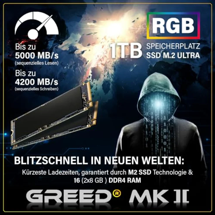 Greed® MK2 - High End Gaming PC - AMD Ryzen 7 5700X, AMD Radeon RX 9060 XT (8GB), 4,6 GHz, 4K, 16 GB RAM, 1 TB SSD, Win 11 Pro – Bild 5