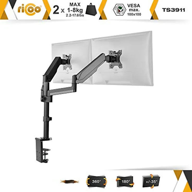 RICOO Monitor Halterung Tisch Gasdruckfeder für 17-32 Zoll, VESA Tischhalterung, Monitorarm TS3911, Monitorhalterung 2 Monitore Arm Bildschirmhalterung Bildschirm Halter, Arme für Computermonitore – Bild 2
